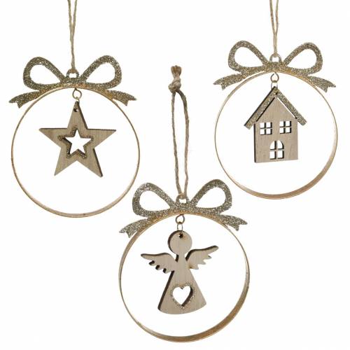 Floristik24 Decorative hanger Christmas tree ball with star, angel and house metal, wood Ø8.5cm H11cm 3pcs