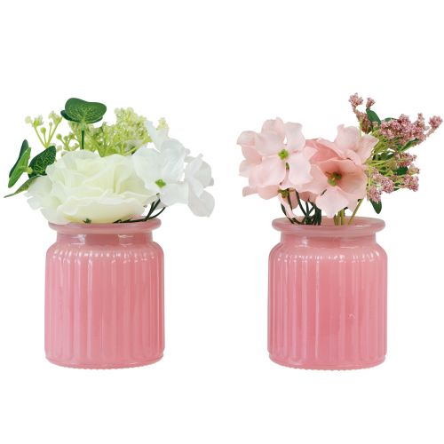 Artificial rose in glass pot pink white H16cm 2pcs