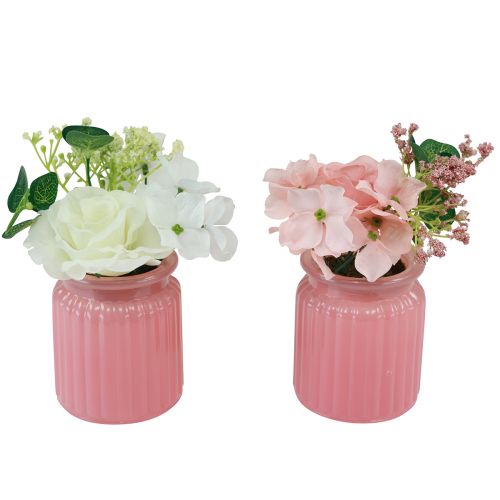 Product Artificial rose in glass pot pink white H16cm 2pcs
