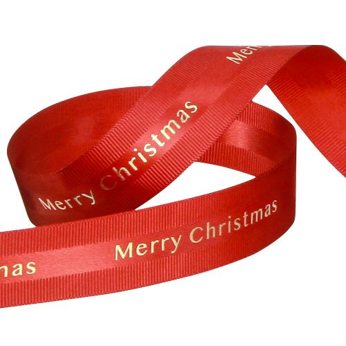 Product Red Christmas ribbon with golden &#39;Merry Christmas&#39; lettering Width 25mm Length 20m