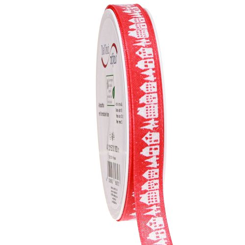 Floristik24 Red Christmas ribbon with white houses 15mm 20m