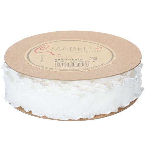 White ruffled organza ribbon, decorative ribbon, 25mm wide, 10m long | Floristik24.co.uk