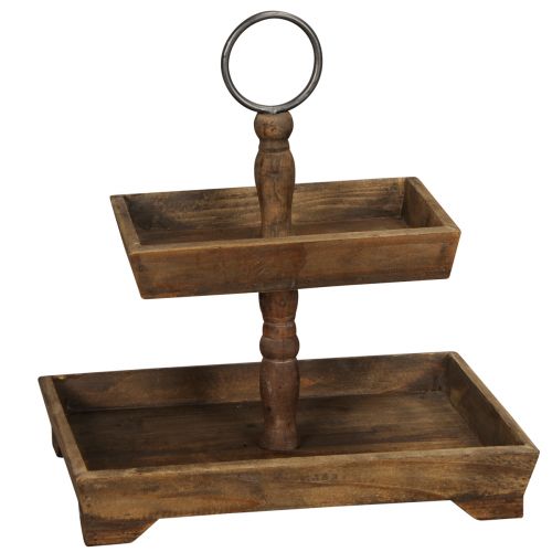 Rustic wooden tiered stand with two levels and metal handle – perfect for vintage decor 44cm