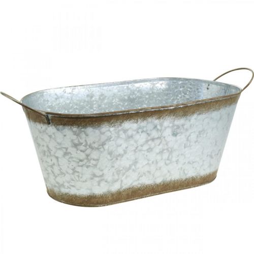Product Metal container for planting, plant tub with handles, silver flower bowl, patina L45cm H17.5cm