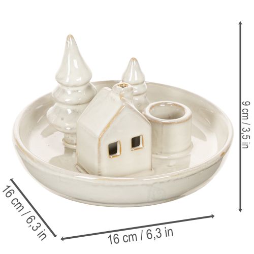 Ceramic Candle Holder with House and Trees, 16 cm, Grey-White | Floristik24.co.uk