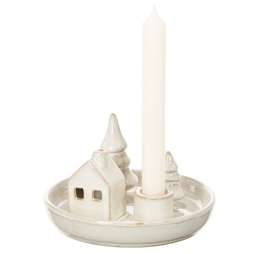 Ceramic Candle Holder with House and Trees, 16 cm, Grey-White | Floristik24.co.uk