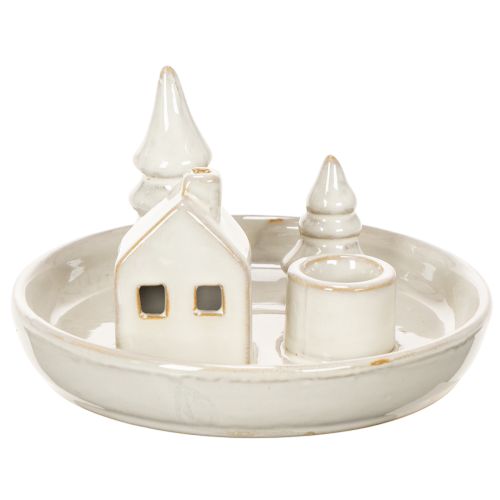 Ceramic Candle Holder with House and Trees, 16 cm, Grey-White | Floristik24.co.uk