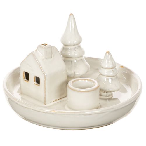 Ceramic Candle Holder with House and Trees, 16 cm, Grey-White | Floristik24.co.uk