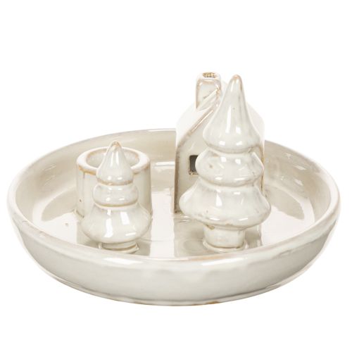 Ceramic Candle Holder with House and Trees, 16 cm, Grey-White | Floristik24.co.uk