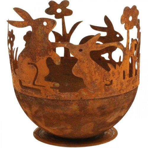 Metal bowl with rabbits, Easter decorations, planter for planting patina Ø18cm H19.5cm