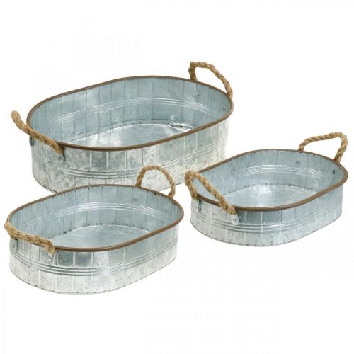 Product Plant pot with handles, herb bowl, arrangement base silver, brown L39/35.5/32 cm H10/8.5/7 cm set of 3