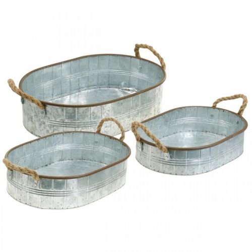 Floristik24 Plant pot with handles, herb bowl, arrangement base silver, brown L39/35.5/32 cm H10/8.5/7 cm set of 3