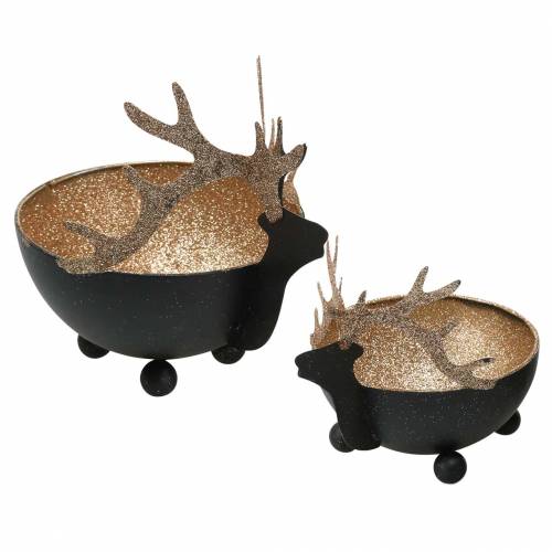 Bowl with Reindeer Head Black, Golden Metal Ø11/14cm Set of 2