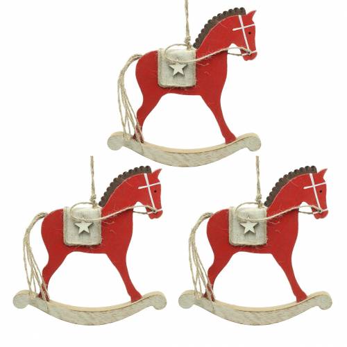 Floristik24 Rocking horse to hang red wood H17cm 3pcs Nostalgic tree decorations