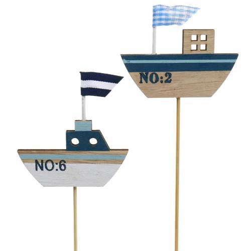 Floristik24 Decorative plug ship wood white blue natural 8cm H37cm 24 pcs