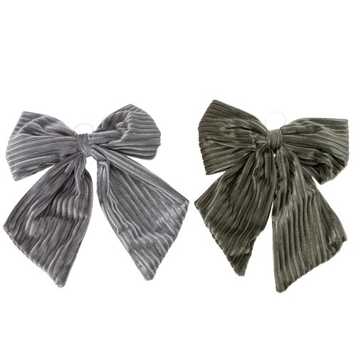 Velvet Ribbed Hanging Christmas Bows 24cm Grey and Olive Green Set of 2 | Floristik24.co.uk