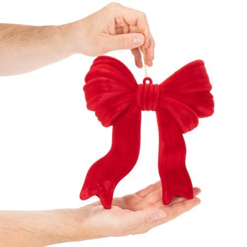 Red Flocked Decorative Bow with Hanging String for Indoor Christmas Decor - 22cm | Floristik24.co.uk