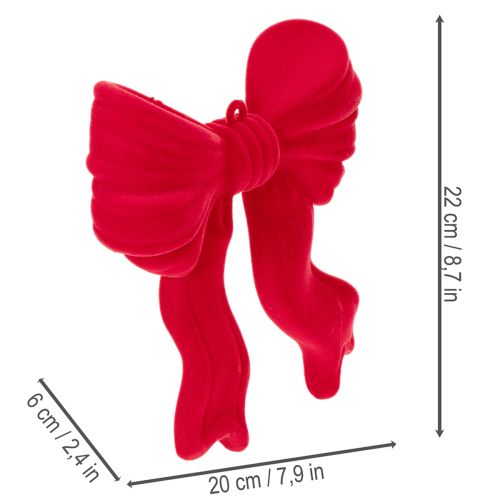 Red Flocked Decorative Bow with Hanging String for Indoor Christmas Decor - 22cm | Floristik24.co.uk