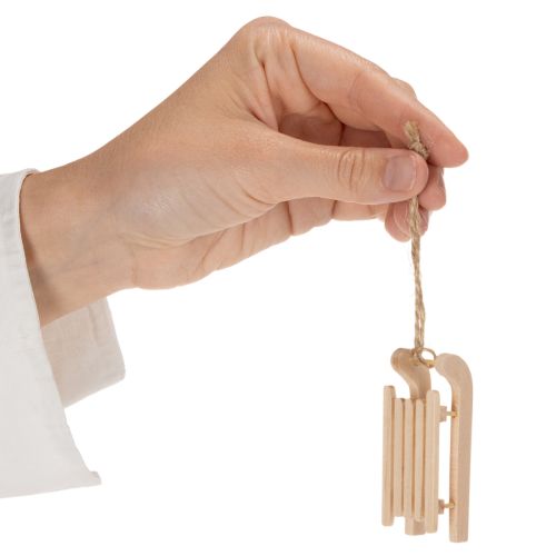 Set of 6 Wooden Sled Christmas Tree Decorations, 6cm, Natural | Floristik24.co.uk