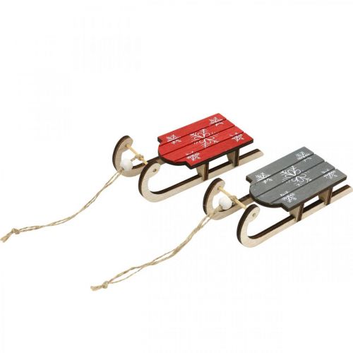Floristik24 Wooden sledge, winter decoration to hang, decoration for Advent gray / red L13cm 6pcs