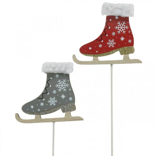 Floristik24 Deco plug ice skates, Christmas decoration, wooden plug grey, red L32cm 8pcs