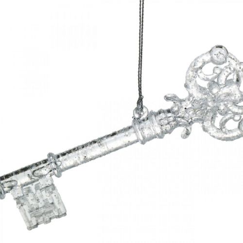 Floristik24 Christmas tree decoration key, Advent, tree pendant with glitter transparent / silver L14.5cm plastic 12pcs