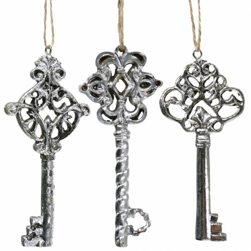 Floristik24 Deco key to hang antique silver 10cm 3pcs