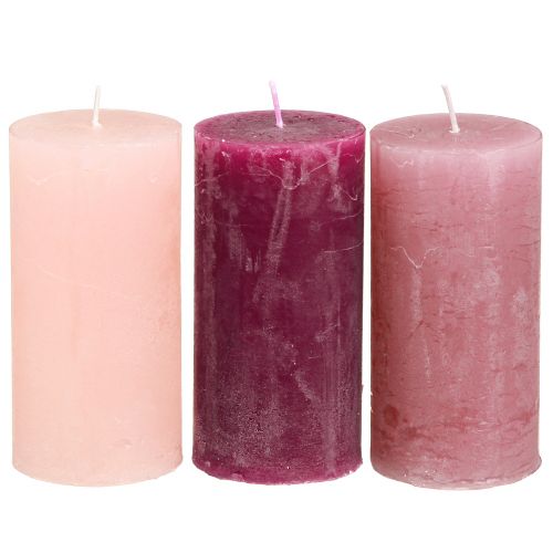 Floristik24 Narrow pillar candles pink berry 3 colours 50x100mm 12 pcs