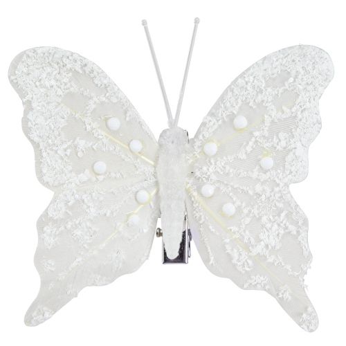 Product Butterfly decoration in white on clip 7.5cmx7cm 4 pcs