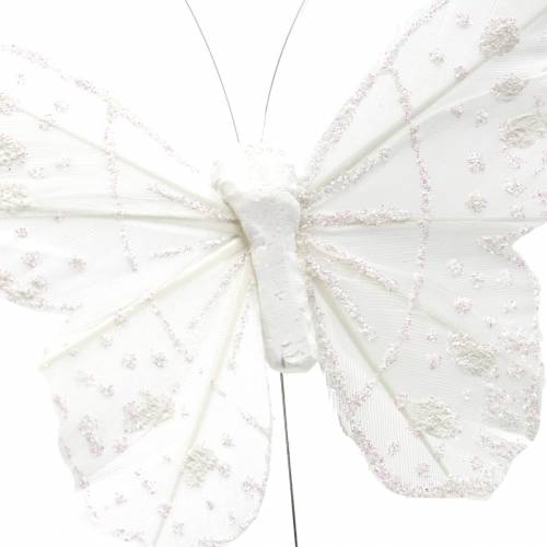 Floristik24 Feather butterfly on wire white with glitter 10cm 12pcs