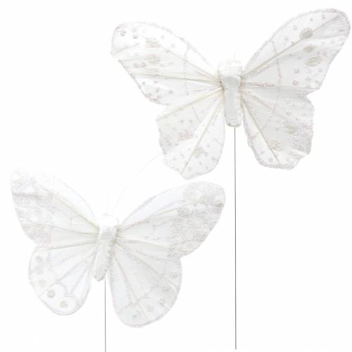 Floristik24 Feather butterfly on wire white with glitter 10cm 12pcs