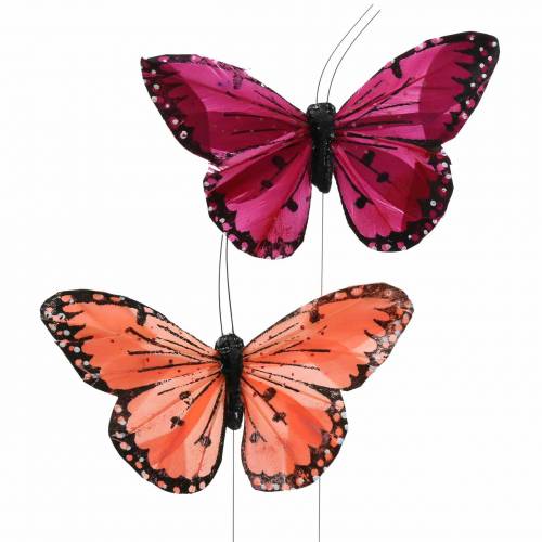 Floristik24 Feather butterfly with wire color salmon and purple 10cm 12 p