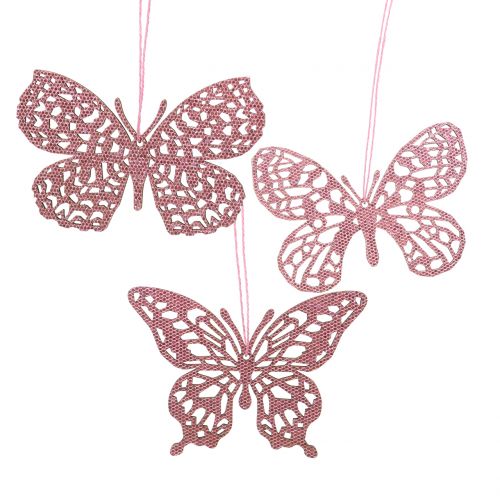 Deco hanger butterfly pink glitter 8cm 12pcs
