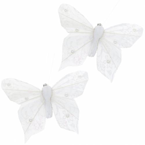 Product Feather butterfly on clip white 10 cm 12 pcs