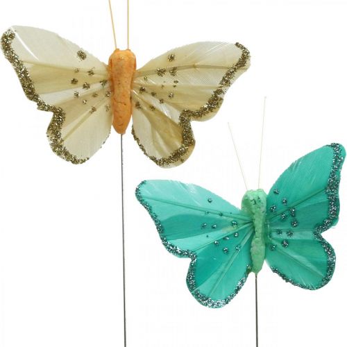 Product Butterfly with glitter, deco plugs, feather butterfly spring yellow, turquoise, green 4×6.5cm 24pcs