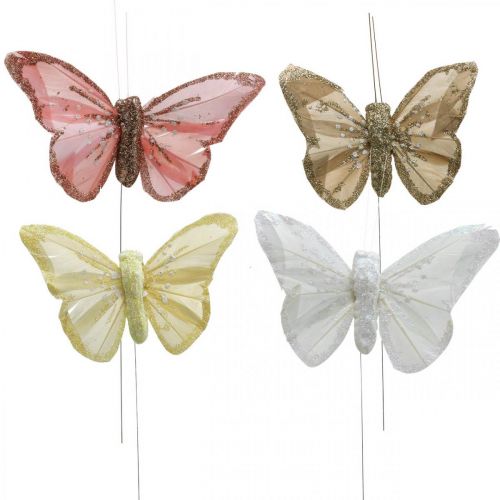 Floristik24 Butterflies with glitter, wedding decoration, decorative plug, feather butterfly yellow, beige, pink, white 9.5×12.5cm 12 pcs