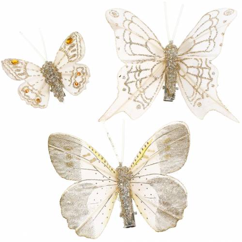 Floristik24 Feather butterfly on clip champagne glitter 10pcs