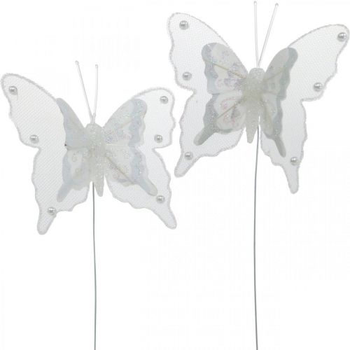 Product Butterflies with pearls and mica, wedding decorations, feather butterflies on white wire