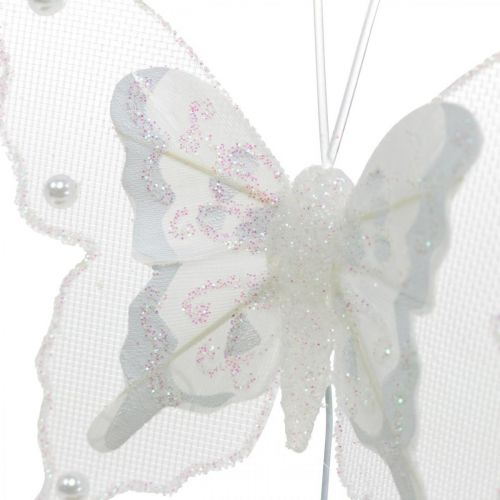 Product Butterflies with pearls and mica, wedding decorations, feather butterflies on white wire