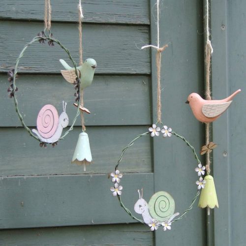 Floristik24 Decorative ring with snail, spring decoration, metal decoration green / pink Ø14.5cm set of 2