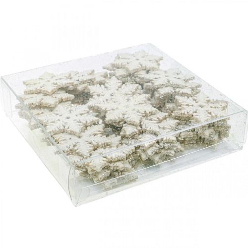 Product Snowflakes wood 4cm white with glitter 72 pcs