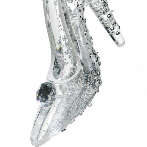 Product Shoe for hanging, Christmas tree decorations, pumps with glitter, silver plastic H10cm