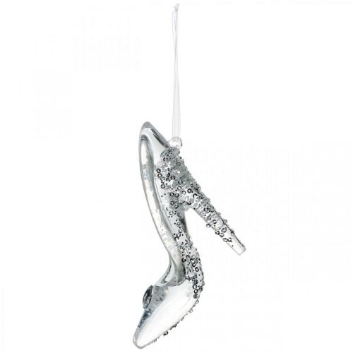 Shoe for hanging, Christmas tree decorations, pumps with glitter, silver plastic H10cm