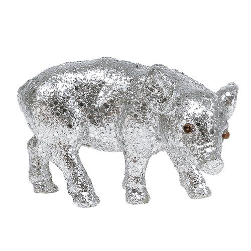 Floristik24 Pig with glitter silver 9cm 6pcs