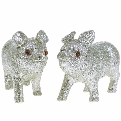 Floristik24 Deco Pig Glitter Silver 10cm 8pcs