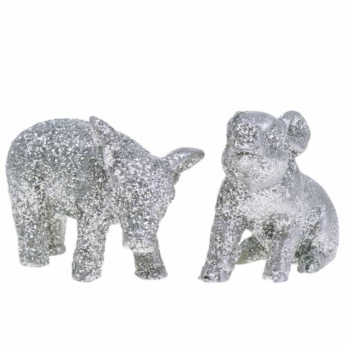 Product Deco pig New Year&#39;s Eve decoration silver glitter 3.5cm 2pcs