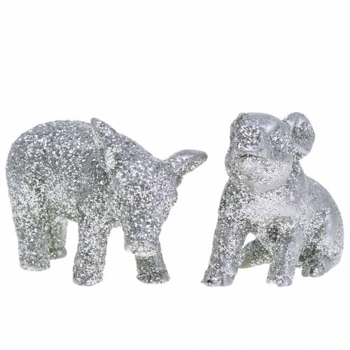 Floristik24 Deco pig New Year's Eve decoration silver glitter 3.5cm 2pcs