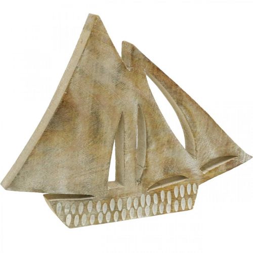 Wooden sailboat, maritime decoration, wooden boat natural color, white H23cm