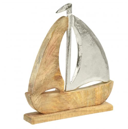 Sailing ship decoration natural silver mango wood 25.5x4x28.5cm