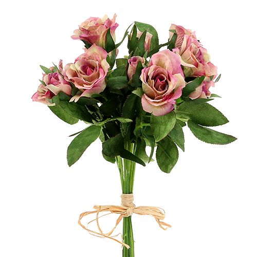 Silk fabric flowers bouquet of roses L26cm dusky pink 3pcs | Floristik24.co.uk